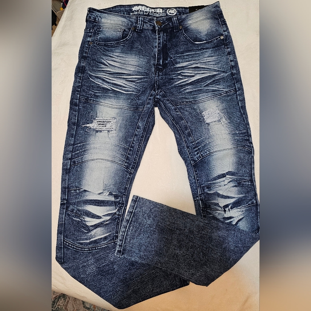 Men's Sz 34 Mecca Distressed Washed Blue Slim-Straight Skinny Jeans